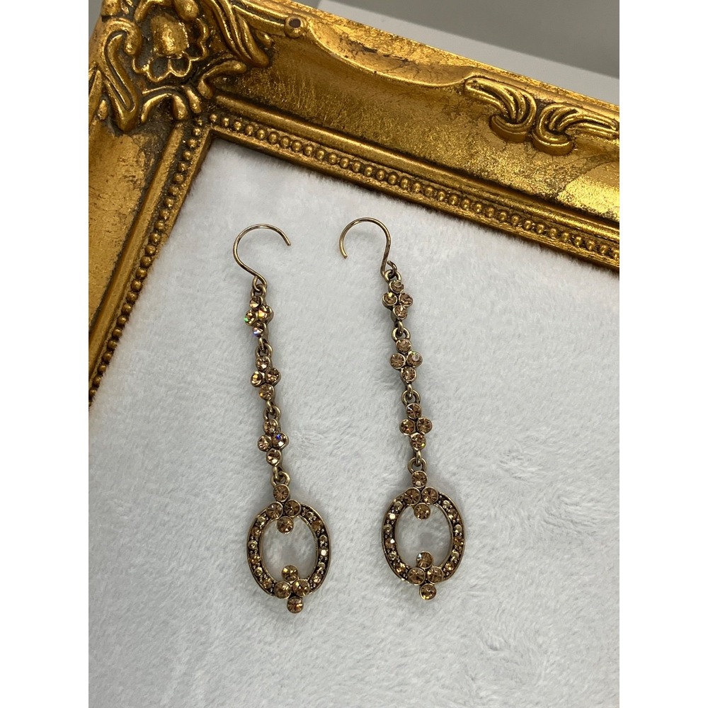 Vtg‎ Monet Gold Tone Champagne Rhinestone Dangle Drop Hook Earrings Signed